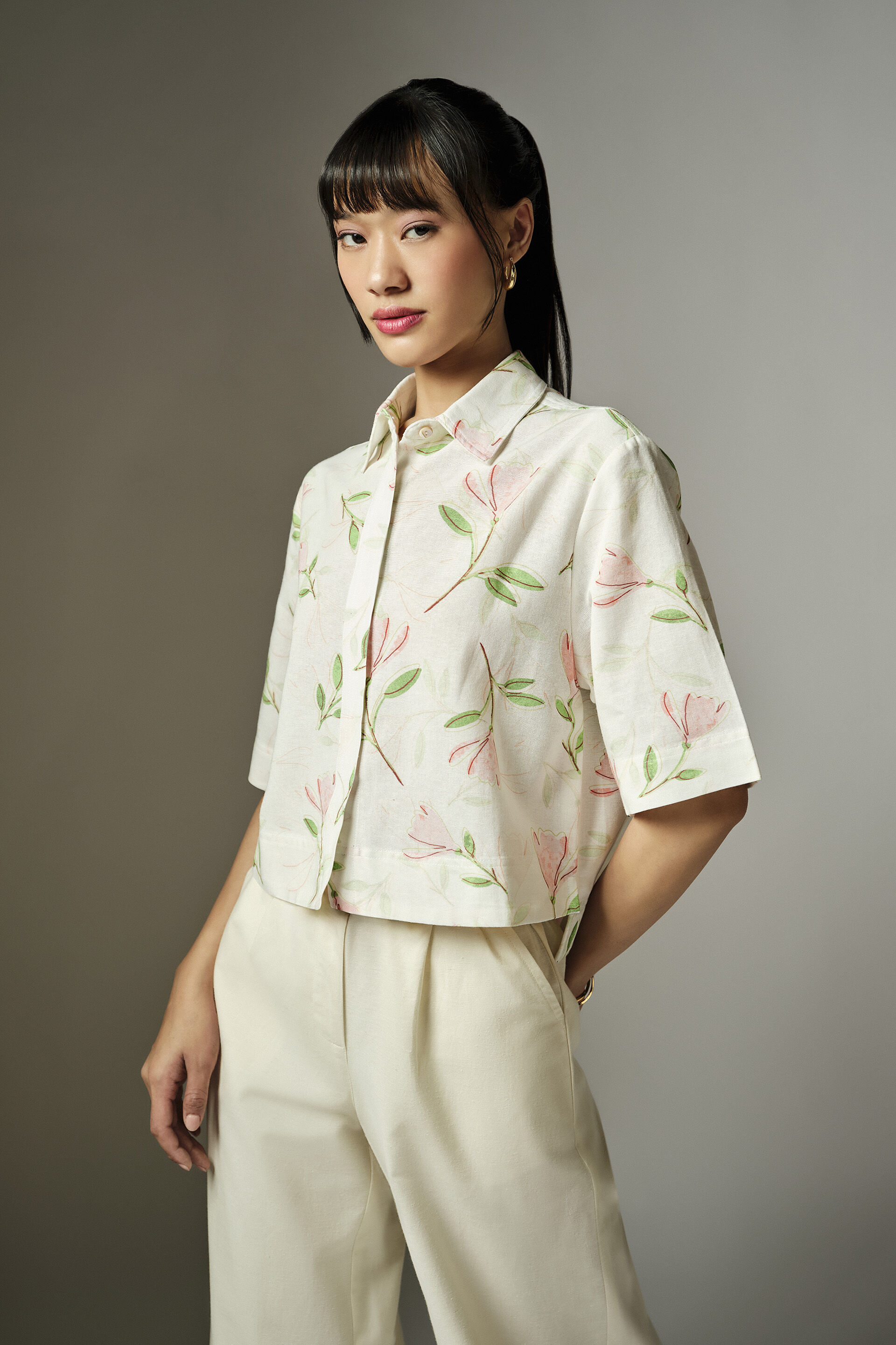 Floral White Cropped Shirt, Pink, image 3